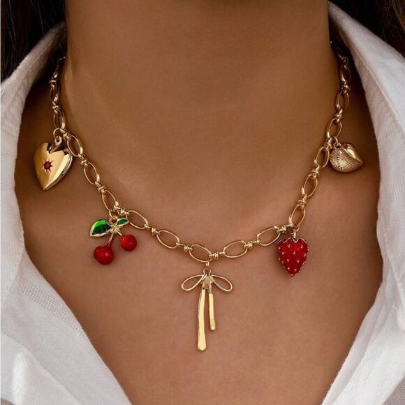 Gold red multiple Charm Necklace N1070 - Picture 1 of 3